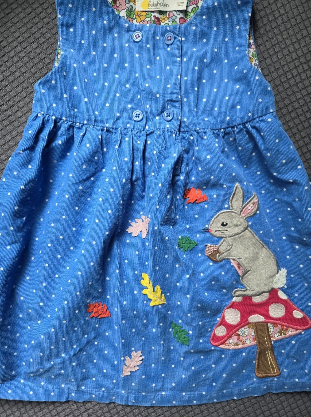 Baby Boden Blue Polka Dot Corduroy Bunny Appliqué Dress 18-24M - Picture 4 of 9